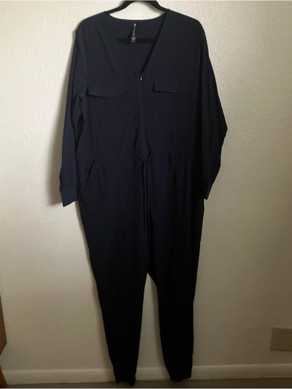 Athleta Navy Long-Sleeve Utility Jumpsuit with Drawstring Waist